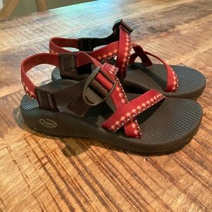 Women’s Chaco Sandals. Red straps with brown sole